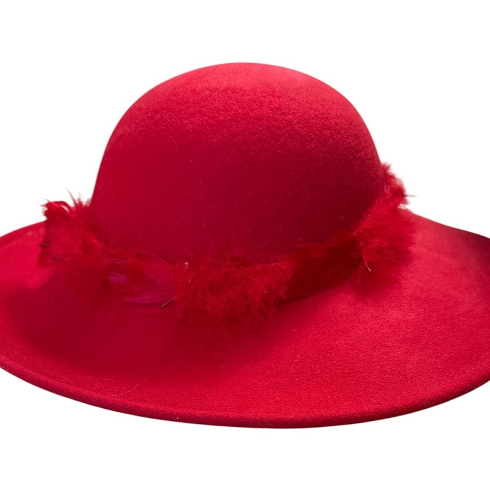 Lancaster Wool Felt Hat Women's Round Feather Band Red  VTG Size 7